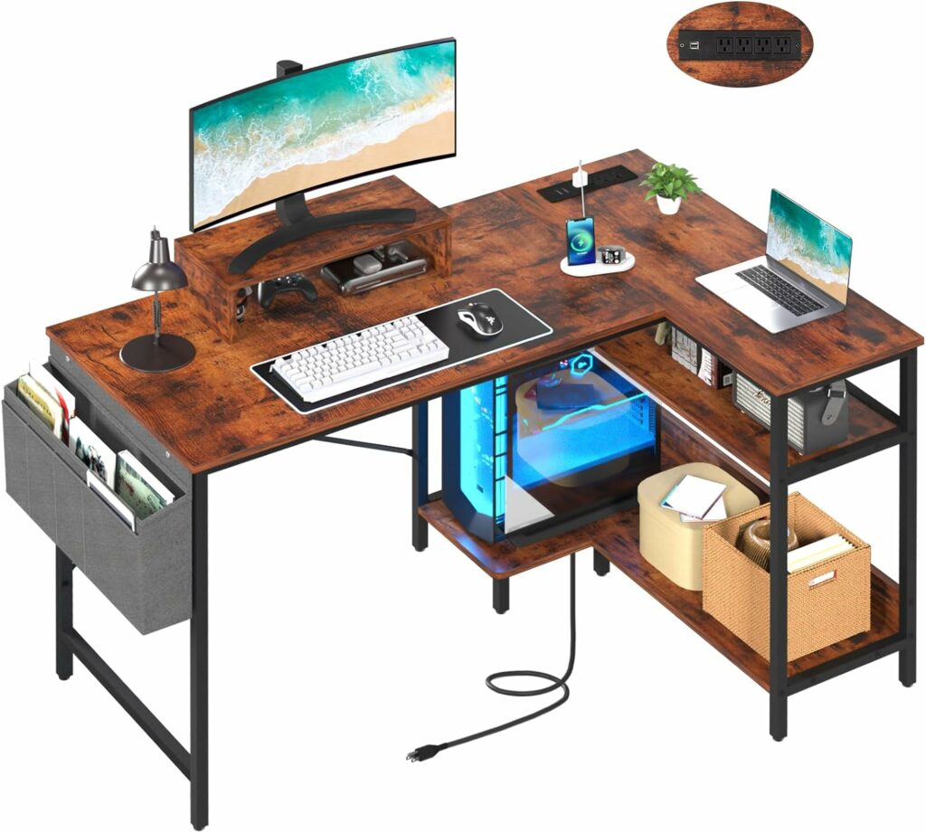 Yoobure L Shaped Desk 47 Inch Computer Desk with Outlets  USB Ports Home Office Desk with Monitor Stand Corner Desk Home Office