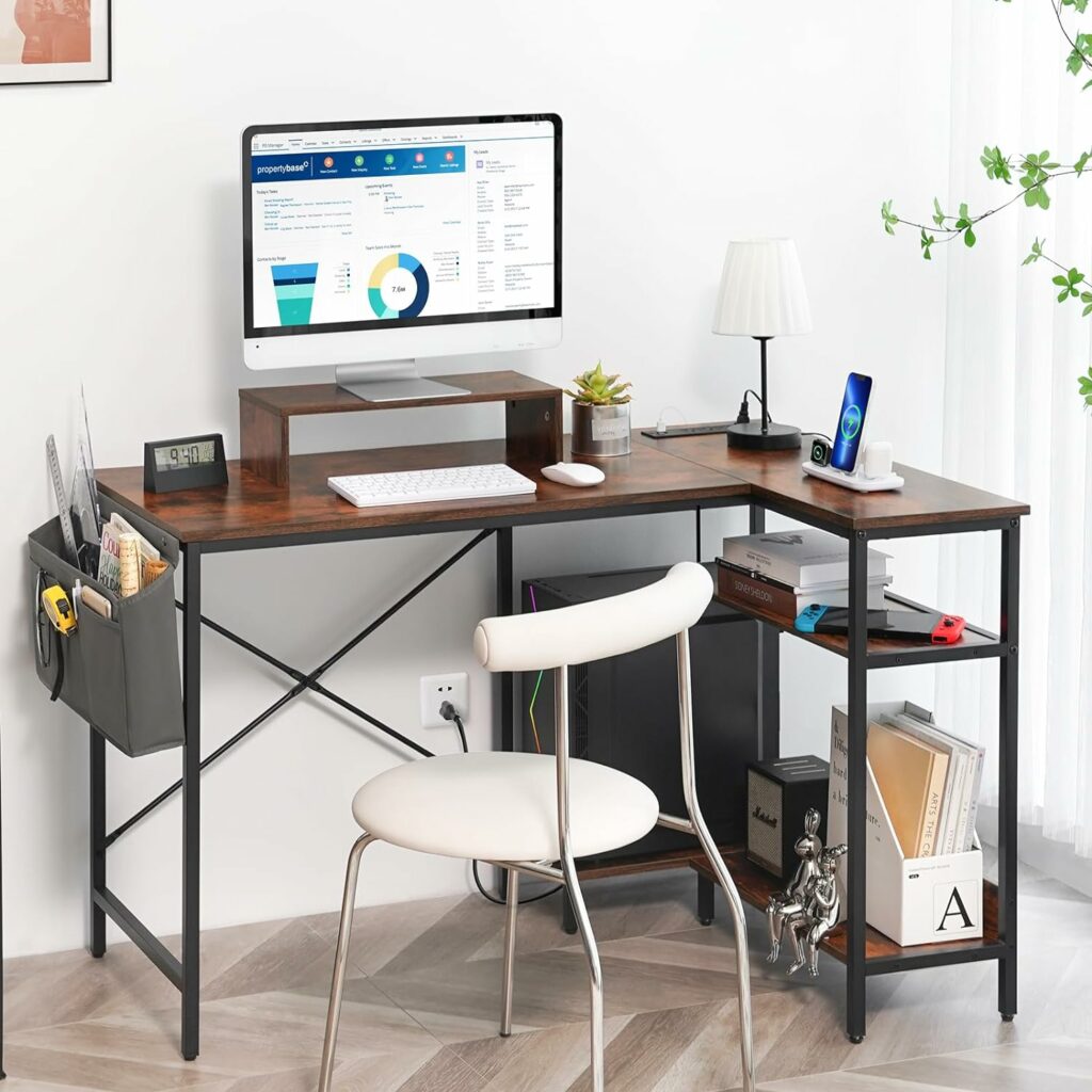 Yoobure L Shaped Desk 47 Inch Computer Desk with Outlets  USB Ports Home Office Desk with Monitor Stand Corner Desk Home Office